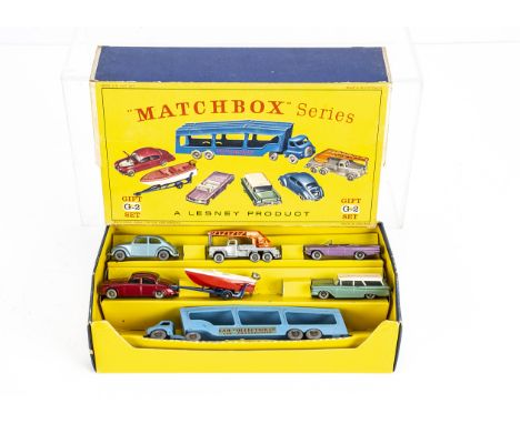 A Matchbox Lesney 1-75 Series G-2 Car Transporter Gift Set, comprising A-2 Bedford Car Transporter, 25b Volkswagen 1200, GPW,