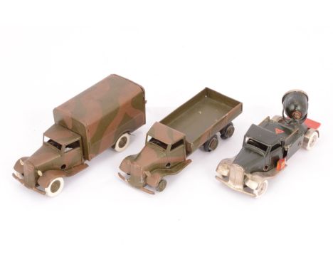 Tri-ang Minic Tinplate clockwork Searchlight Truck and two Army Vehicles, 49M black and red Searchlight Truck, G, clean compa
