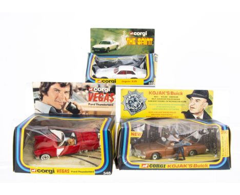 Corgi TV Toys, 290 Kojak's Buick, with unused Police Badge, 348 Vegas Ford Thunderbird, 320 The Saint Jaguar XJS, in original