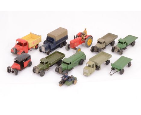 Dinky Toy Commercials, including pre-war 42b Police Motorcycle Patrol, 36g Taxi with driver, 25a Wagon, grey body, type 2 ope