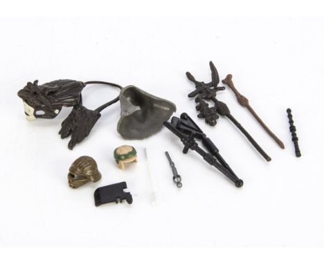 Original Vintage Star Wars Accessories, Logray Hood, Bag and Staff, Rancor Keeper Hood, Lando Skiff Helmet, Leia Endor Helmet