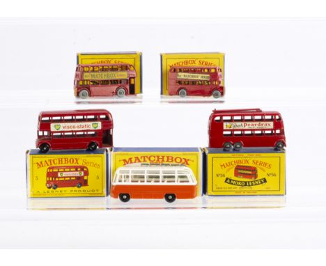 Matchbox Lesney 1-75 Series Buses &amp; Coaches, 56a London Trolley Bus 'Drink Peardrax' decals, GPW, 5a London Bus 'Buy Matc