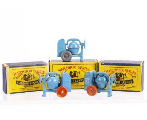 Matchbox Lesney 1-75 Series 3a Cement Mixer, three examples, all light blue body, first GPW, second and third orange MW, in o