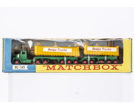 A Matchbox King-Size K-16 Dodge Tractor With Twin Tippers, dark green cab, yellow tippers, 'Dodge Trucks' decals, red plastic