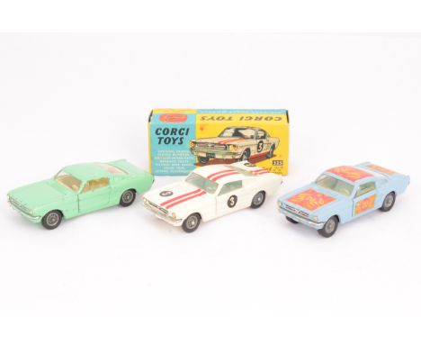 Corgi Toys 325 Ford Mustang Fastback 2+2 Competition Model, white body, double red stripe, RN3 labels, light blue interior, s