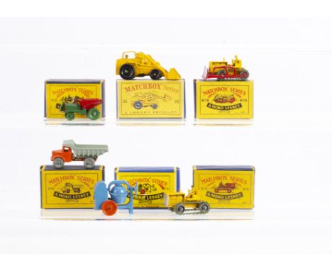 Matchbox Lesney 1-75 Series Construction Vehicles, 2a Muir Hill Site Dumper, green MW, 6a Quarry Truck, 3a Cement Mixer, 8a C