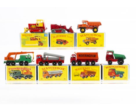 Matchbox Lesney 1-75 Series Construction Vehicles, 30c 8 Wheel Crane, 16d Case Bulldozer Tractor, 2c Muir Hill Dumper, 17d Fo