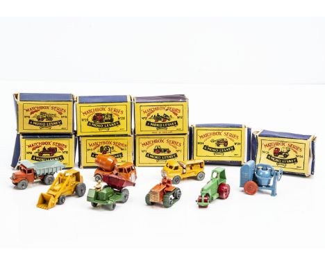 Matchbox Lesney 1-75 Series Construction Vehicles, 24a Hydraulic Excavator, 1b Diesel Road Roller, 3a Cement Mixer, 2b Muir H