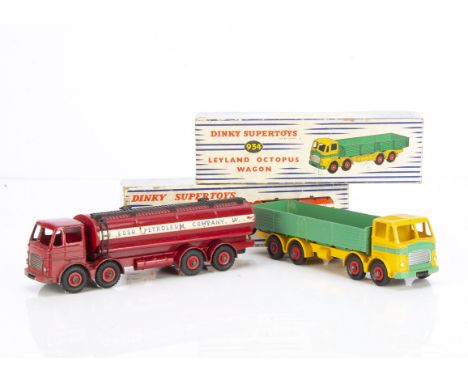 Dinky Supertoys Leyland Octopus Lorries, 943 Leyland Octopus 'Esso' Tanker, dark red cab, body and chassis, red hubs, 934 Ley