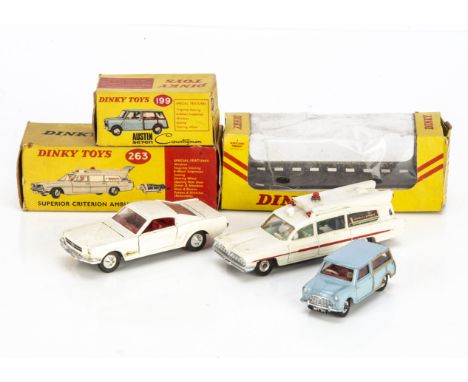 Dinky Toys 199 Austin 7 Countryman, light blue body, red interior, black gloss base, spun hubs, 161 Ford Mustang Fastback, wh