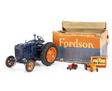 British Diecast Tractors, Chad Valley clockwork Fordson Major Tractor, dark blue body, orange wheels, crank handle driven mot