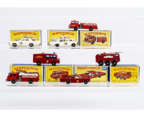 Matchbox Lesney 1-75 Series Emergency Service Vehicles, 63b Alvis Crash Tender, 59c Ford Galaxie Fire Chief, 57c Land Rover F