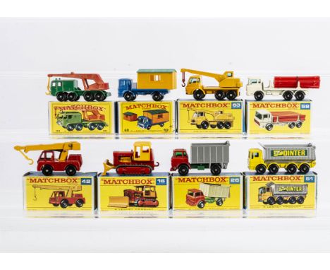 Matchbox Lesney 1-75 Series Construction Vehicles, 30c 8 Wheel Crane, 60b Site Hut Truck, 63c Dodge Crane Truck, 58c DAF Gird