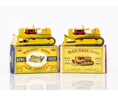 Matchbox King-Size K-3 Caterpillar D9 Bulldozer, two examples, first yellow body, red engine, red plastic rollers, second yel