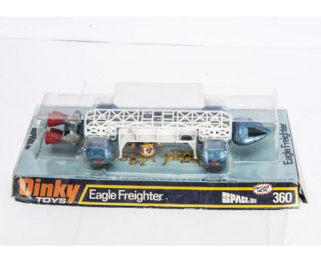 A Dinky Toys 360 Space 1999 Eagle Freighter, light metallic blue and white body, red rear and side thrusters, in original bub