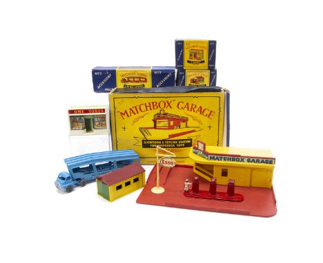 Matchbox Lesney Accessory Packs, No.2 Car Transporter, No.3 Garage with connecting clip, No.5 Home Stores Shop, VG-E, Service