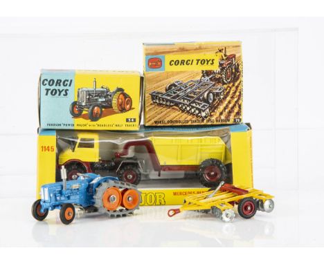 Corgi Toys Farm Vehicles, 54 Fordson Power Major Tractor with half tracks, 71 Wheel Controlled Tandem Disc Harrow, 1145 Merce