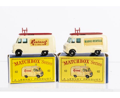 Matchbox Lesney 1-75 Series 62b Commer TV Service Van, two examples, both cream body with ladder, aerial and three TVs, one '