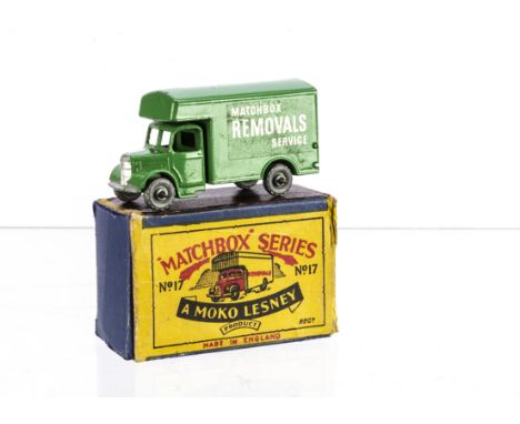 A Matchbox Lesney 1-75 Series 17a Bedford Removals Van, light green body, silver trim, MW, in original type B1 box, VG-E, box