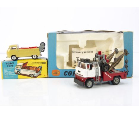 Corgi Toys Breakdown Trucks, 1142 Homes Wrecker Recovery Vehicle with Ford Tilt Cab, 490 Volkswagen Breakdown Truck, light ol