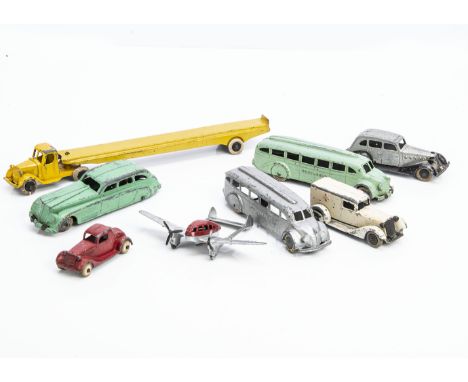 Pre-War Tootsietoys, Graham Ambulance, Mack Auto Transport with one car, La Salle Sedan, Jumbo Sedan, Greyhound Bus (2) and a