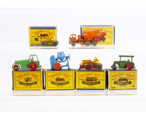 Matchbox Lesney 1-75 Series Construction Vehicles, 1a Diesel Road Roller, 3a Cement Mixer, 8a Caterpillar Tractor, 18a Caterp