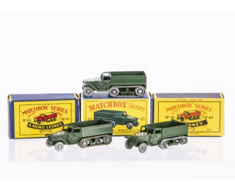 Matchbox Lesney 1-75 Series 49a M3 Personnel Carrier, three examples, all military green body, white bonnet star, first fine 