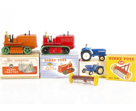 Dinky Toy Farm Vehicles, 308 Leyland 384 Tractor, 563 Heavy Tractor, orange, 963 Heavy Tractor, red, 324 Hay Rake, 322 Disc H