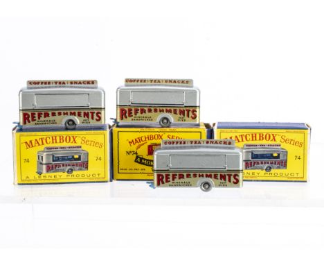 Matchbox Lesney 1-75 Series 74a Mobile Refreshments Canteen, three examples, all silver body, light blue base, one SPW, one 2