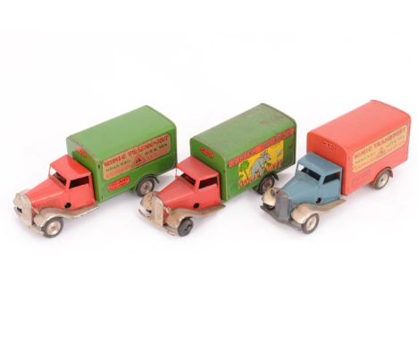 Tri-ang Minic Tinplate clockwork Delivery Vans, 21M blue and red (some restoration) and red and green (clockwork needs attent