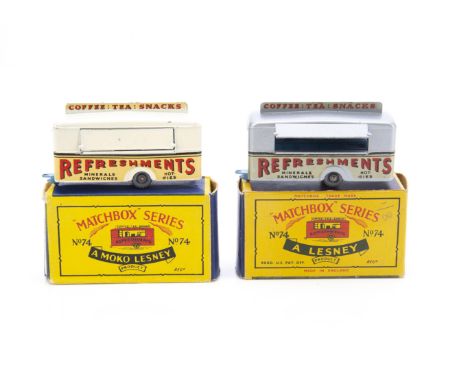 Matchbox Lesney 1-75 Series 74a Mobile Refreshments Canteen, two examples, first cream body, light blue base, GPW, G-VG, seco