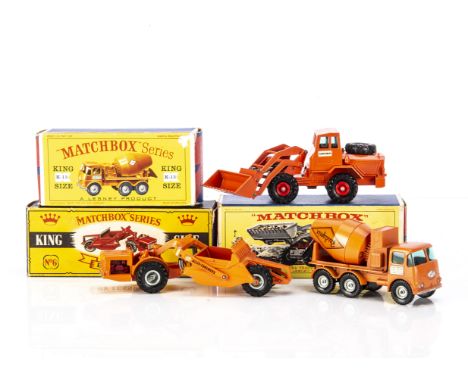 Matchbox King-Size K-13 Ready-Mix Concrete Truck, orange body, 'Readymix' decals, K-6 Allis-Chalmers Earth Remover, orange bo