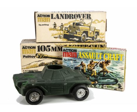 Vintage Action Man Vehicles &amp; Accessories, including Qualitoy Timber Products Command HQ, Palitoy 105mm Light Gun, Land R