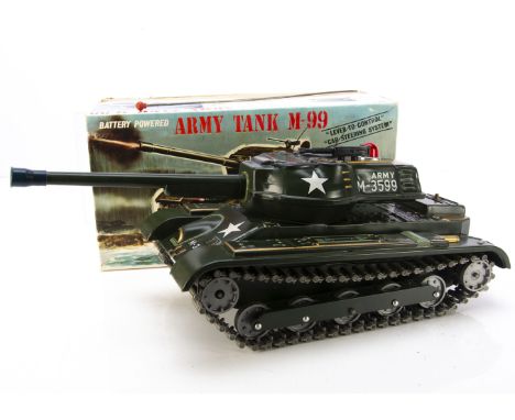 Masudaya Modern Toys Tinplate Battery-Operated Army Tank M-99, large battery powered model with tinprinted body, silver plast