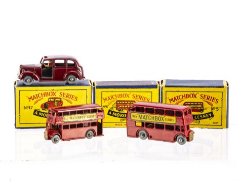 Matchbox Lesney 1-75 Series Public Transport Vehicles, 17c Austin FX3 Taxi, maroon body, grey interior, GPW, 5a London Bus 'B