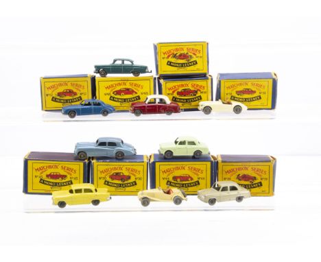 Matchbox Lesney 1-75 Series Cars, 19a MG Midget TD, 45a Vauxhall Victor, 30a Ford Prefect, 44a Rolls-Royce Silver Cloud, 57a 