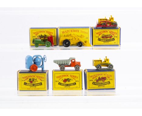 Matchbox Lesney 1-75 Series Construction Vehicles, 2a Muir Hill Site Dumper, green MW, 6a Quarry Truck, 3a Cement Mixer, 8a C