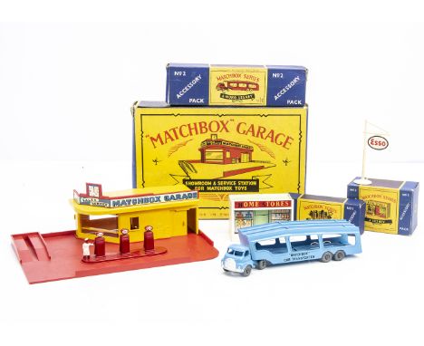 Matchbox Lesney Accessory Packs, No.1 Esso Petrol Pump Set, No.2 Car Transporter, No.5 Home Stores Shop, Service Station &amp