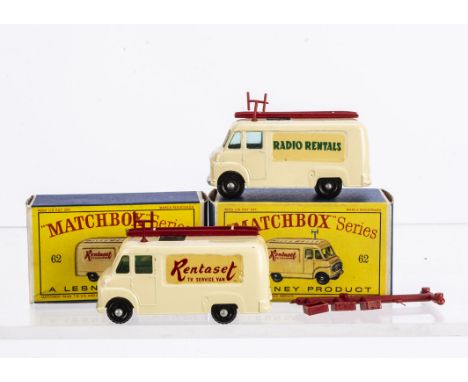 Matchbox Lesney 1-75 Series 62b Commer TV Service Van, two examples, both cream body with ladder, aerial and three TVs, one '