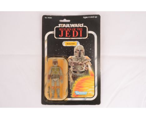 A Vintage Star Wars Kenner ROTJ Boba Fett Action Figure, on punched 65B cardback, figure E, bubble VG, discoloured, some ligh