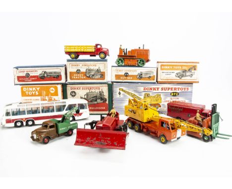 Dinky Toy Construction &amp; Commercial Vehicles, 972 Coles Lorry Mounted Crane, 561 Blaw Knox Bulldozer, 14c Fork Lift, 563 