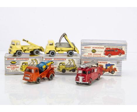 Dinky Supertoys, 966 Albion Marrel Multi-Bucket Unit (2), 960 Albion Lorry Mounted Cement Mixer, 955 Fire Engine, in original