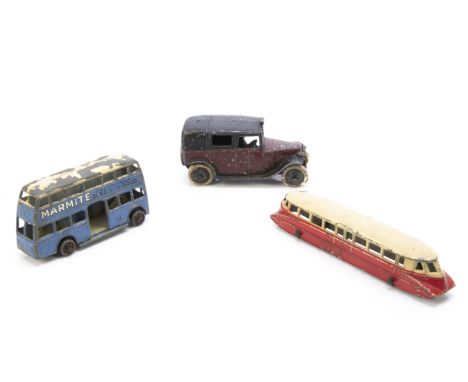 Pre-War Dinky Toy Public Transport Vehicles, 29a Motor Bus, blue lower body, 'Marmite' advertising, cream roof, metal wheels,