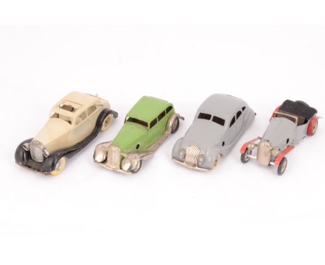 Tri-ang Minic Tinplate clockwork repainted Cars, 9M grey streamline Saloon, 5M green Saloon, 45M fawn and black Bentley Sunsh