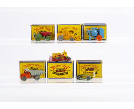 Matchbox Lesney 1-75 Series Construction Vehicles, 2a Muir Hill Site Dumper, green MW, 6a Quarry Truck, 3a Cement Mixer, 8a C