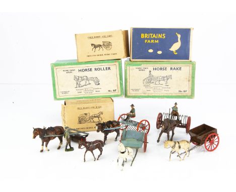Britains boxedhorse drawn farm vehicles consisting of 8F Horse Rake and 9F Horse Roller,  40F Farm Horse and Cart, 45F Milk F