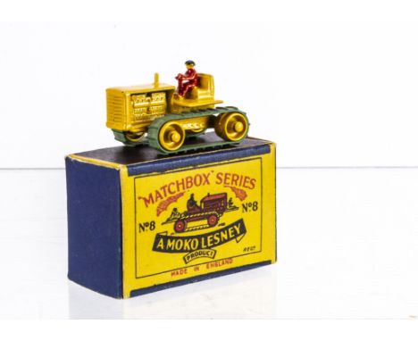 A Matchbox Lesney 1-75 Series 8a Caterpillar Tractor, yellow body and rollers, red driver, open engine, in original type B1 b