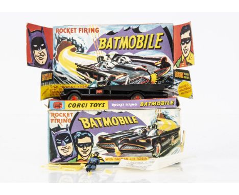 A Corgi Toys 267 Batman's Batmobile, gloss black body, 'Bat' logo hubs, Batman &amp; Robin figures, in original box with disp