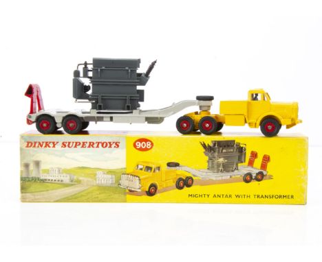 A Dinky Supertoys 908 Mighty Antar With Transformer, yellow tractor unit, light grey detachable trailer, red ramps and groove