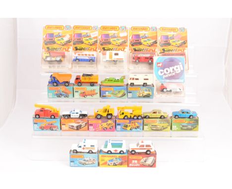 Matchbox Superfast, 48C Sambron Jack Lift, 46B Stretcha Fetcha, 20B Police Patrol Range Rover, 13C Simon Snorkel, 71C Cattle 